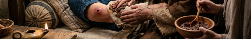 Image of King Hezekiah's boil being treated with a plaister (C) Born-Again-Christian.Org