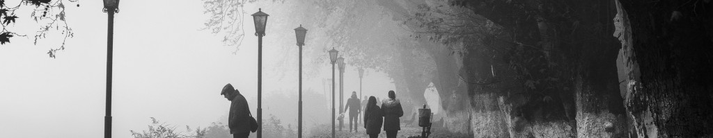 Image of misty walk way and lamp-posts cc0