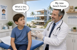 Image of a corrupt doctor profiting from injecting children with toxins. PD